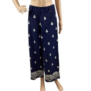 Elie Tahari Navy Blue Embroidered Wide Leg Cropped Pants Size 6